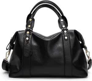PORRASSO Elegant Ladies Shoulder Crossbody Top-Handle Work Travel Dating Boston Bag - Waterproof PU Leather Black