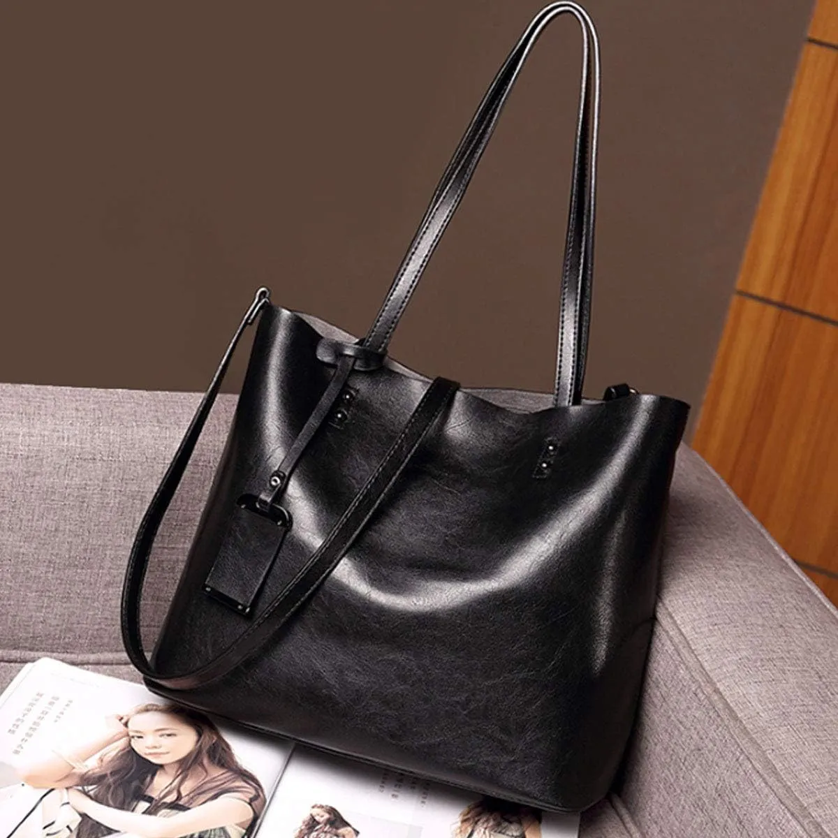 PU Leather Shoulder Bag Work Totes for Women Purse Handbag Coffee