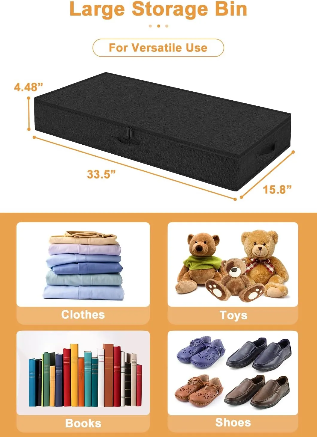 punemi Shallow Under bed Storage Container Bags, Low Profile Underbed Zipper Storage Bins W/Sturdy Side & Bottom Support,Fabric Thin Storage Drawer For College Dorm,33.5 x 15.8 x 4.5inch Black,4 Pack
