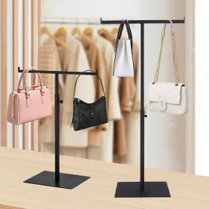 Purse Display Stand T Shaped, Countertop Jewelry/Scarf/Handbag T-Bar Display Stand, Tabletop Double Hook Hanging Stands for Long Necklaces, Metal with Adjustable Height (Black, 2Pcs)
