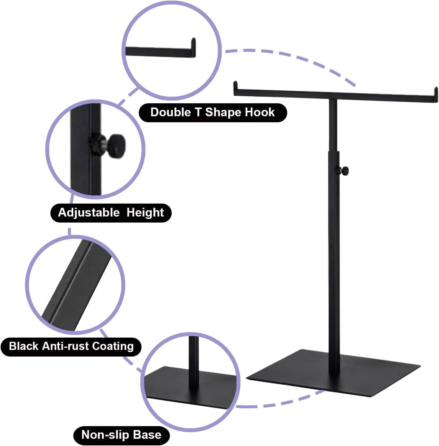 Purse Display Stand T Shaped, Countertop Jewelry/Scarf/Handbag T-Bar Display Stand, Tabletop Double Hook Hanging Stands for Long Necklaces, Metal with Adjustable Height - Black