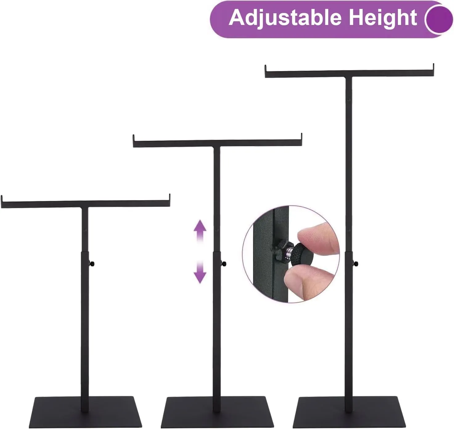Purse Display Stand T Shaped, Countertop Jewelry/Scarf/Handbag T-Bar Display Stand, Tabletop Double Hook Hanging Stands for Long Necklaces, Metal with Adjustable Height - Black
