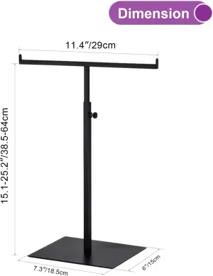 Purse Display Stand T Shaped, Countertop Jewelry/Scarf/Handbag T-Bar Display Stand, Tabletop Double Hook Hanging Stands for Long Necklaces, Metal with Adjustable Height - Black