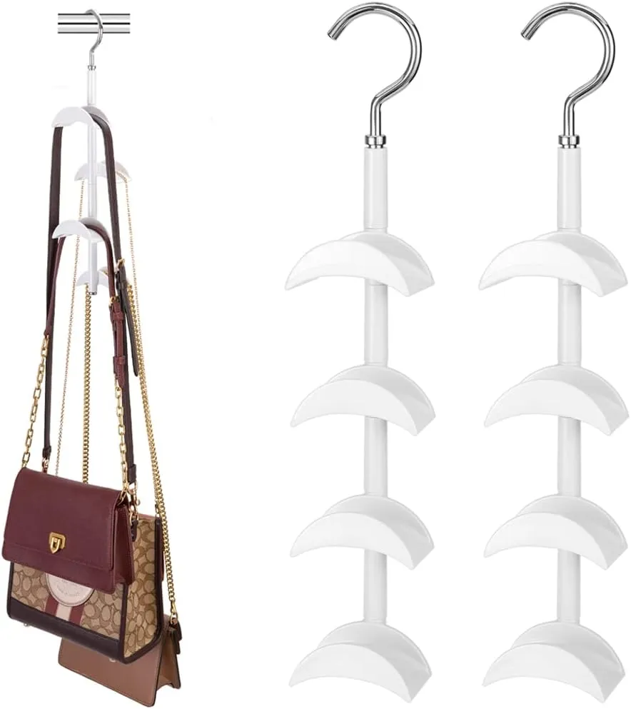 Purse Hanger for Closet - Rotating Handbag Hanging Hook Bag Storage Space Saver with 4 Hooks, Hanging Organizer for Scarf Handbag Belt, 2 PCS