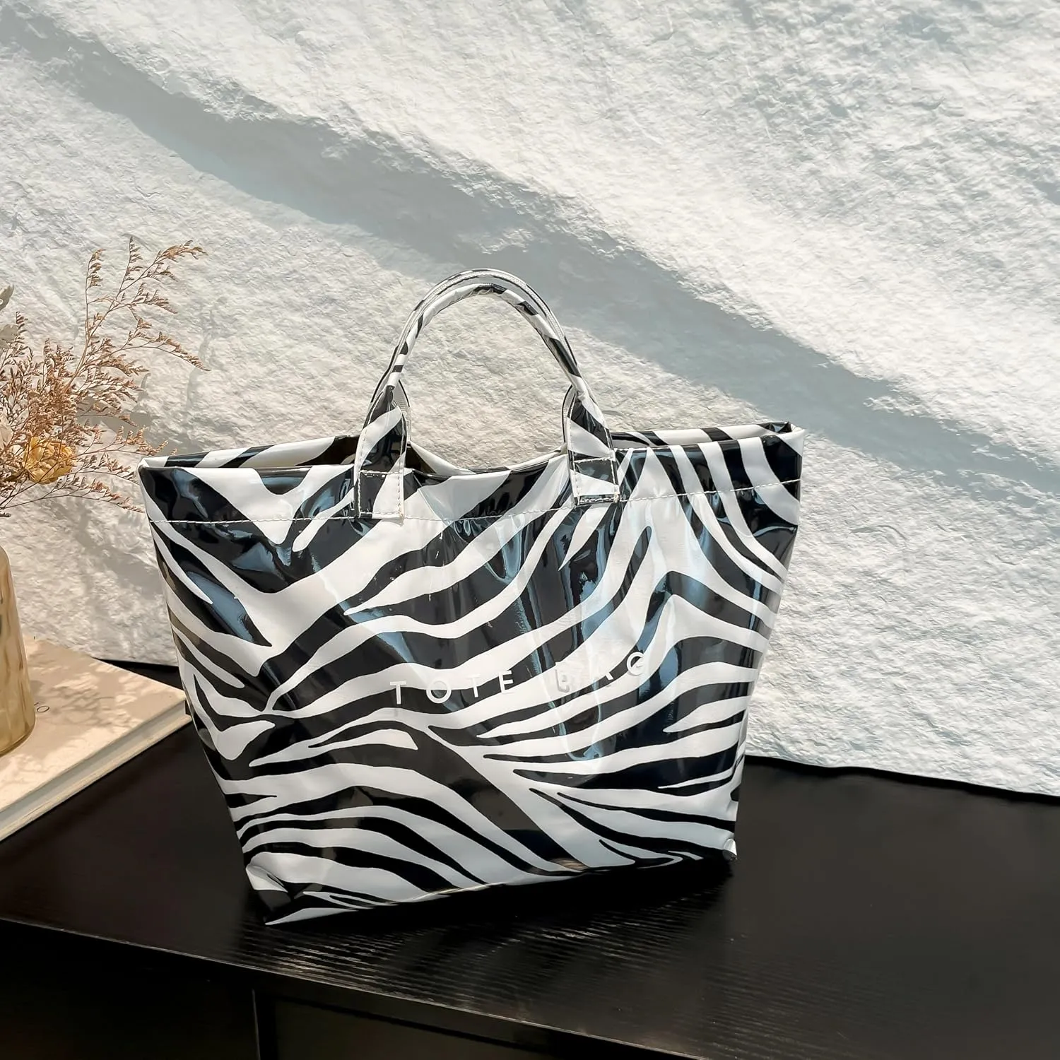 PVC Tote Bag,Leopard Print Bag Women's Letter Print Handbag Large Work Top-handle Handbag Carry All Plastic Totes