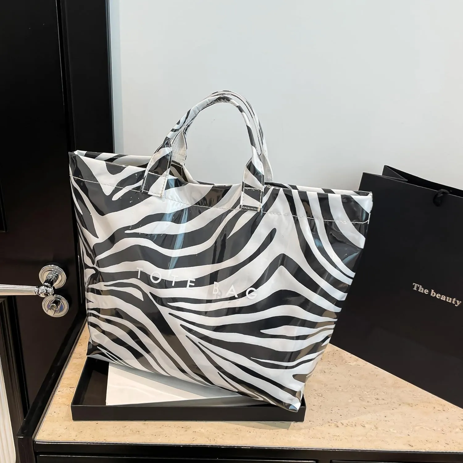 PVC Tote Bag,Leopard Print Bag Women's Letter Print Handbag Large Work Top-handle Handbag Carry All Plastic Totes