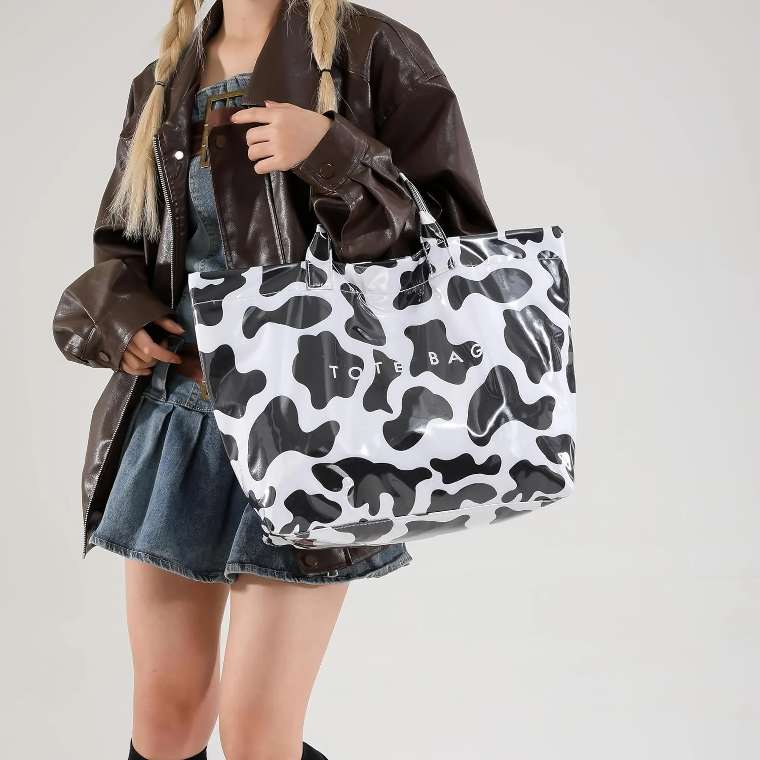 PVC Tote Bag,Leopard Print Bag Women's Letter Print Handbag Large Work Top-handle Handbag Carry All Plastic Totes