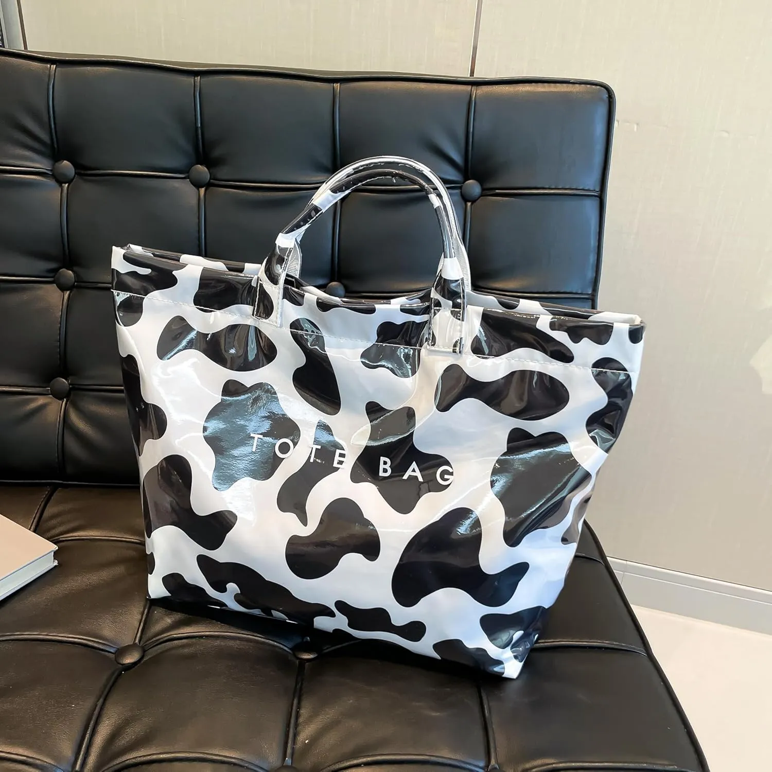 PVC Tote Bag,Leopard Print Bag Women's Letter Print Handbag Large Work Top-handle Handbag Carry All Plastic Totes