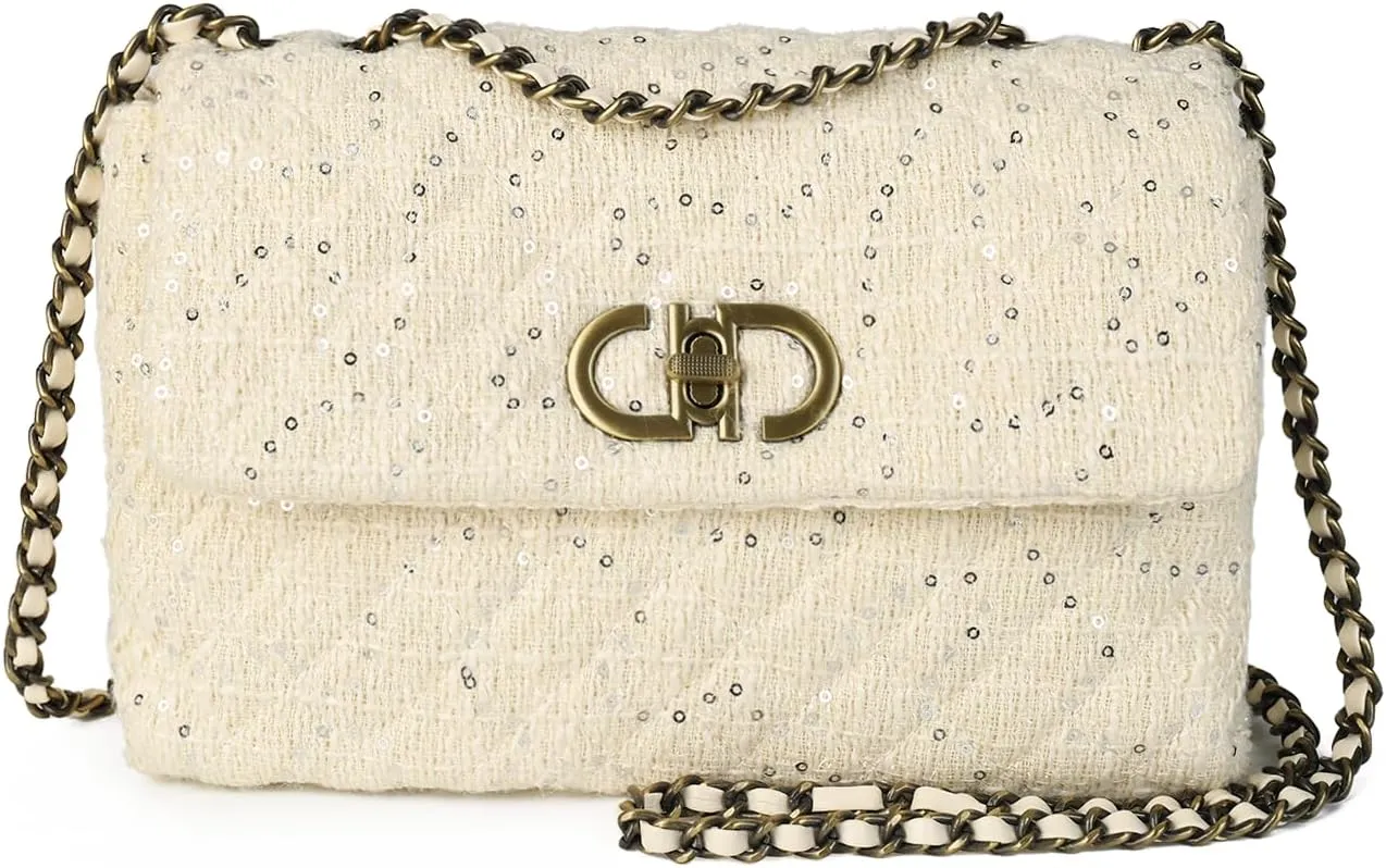 Quilted Crossbody Bag for Women,Elegant Tweed Purse with Chain Strap,Shoulder Handbag, Evening Clutch for Weddings
