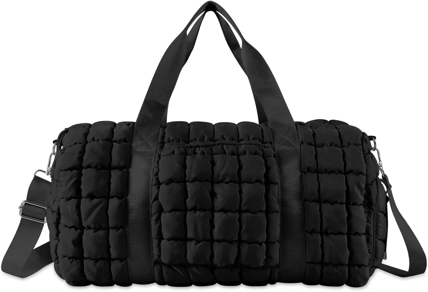 Quilted Gym Duffle for Women - Travel Bag with Shoes Compartment, Puffer Weekender Overnight Carry On Duffel with Trolley Sleeve for Airplanes - Personal Item Sports Dance Bag (Black)