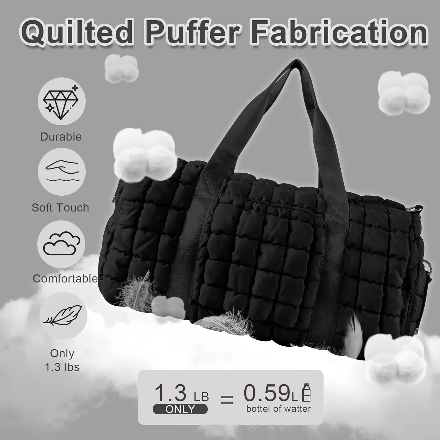 Quilted Gym Duffle for Women - Travel Bag with Shoes Compartment, Puffer Weekender Overnight Carry On Duffel with Trolley Sleeve for Airplanes - Personal Item Sports Dance Bag (Black)