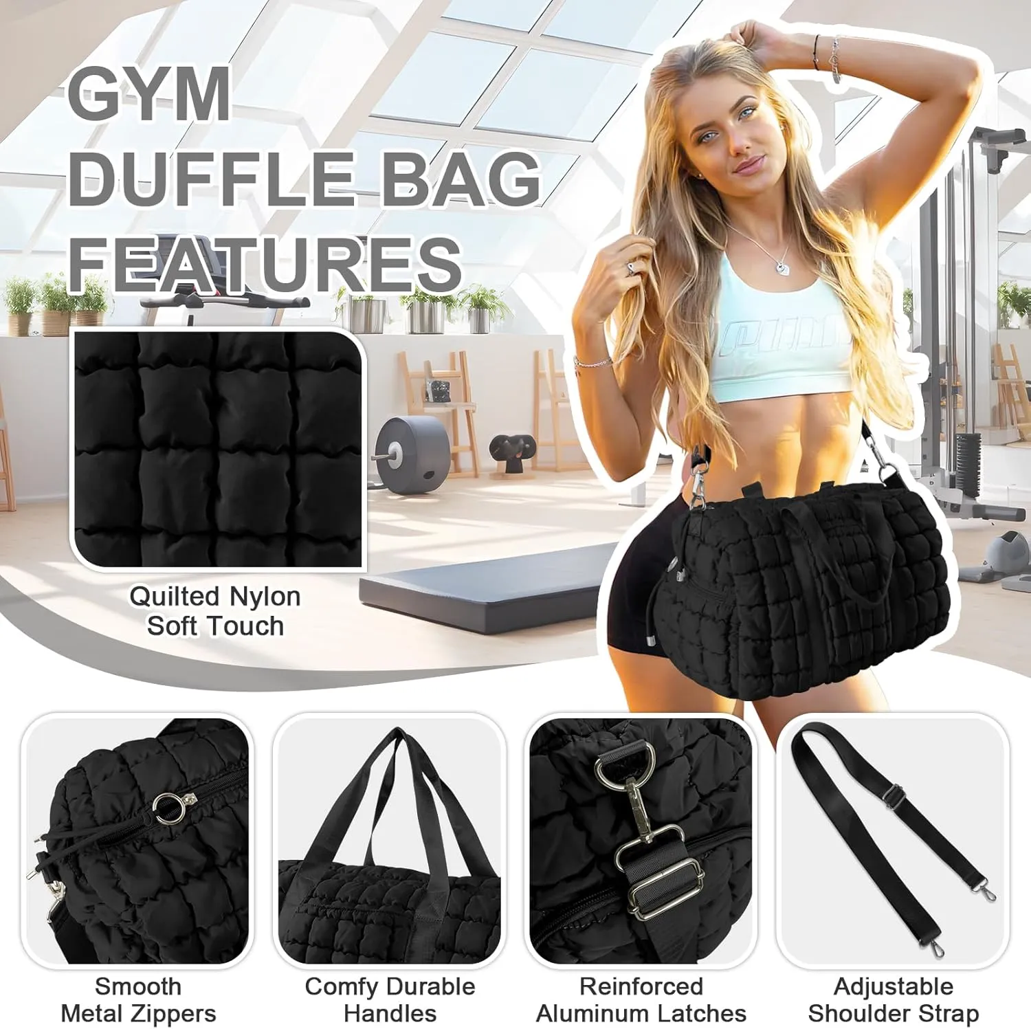 Quilted Gym Duffle for Women - Travel Bag with Shoes Compartment, Puffer Weekender Overnight Carry On Duffel with Trolley Sleeve for Airplanes - Personal Item Sports Dance Bag (Black)