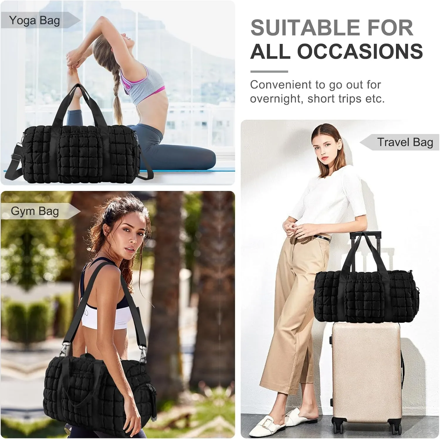 Quilted Gym Duffle for Women - Travel Bag with Shoes Compartment, Puffer Weekender Overnight Carry On Duffel with Trolley Sleeve for Airplanes - Personal Item Sports Dance Bag (Black)