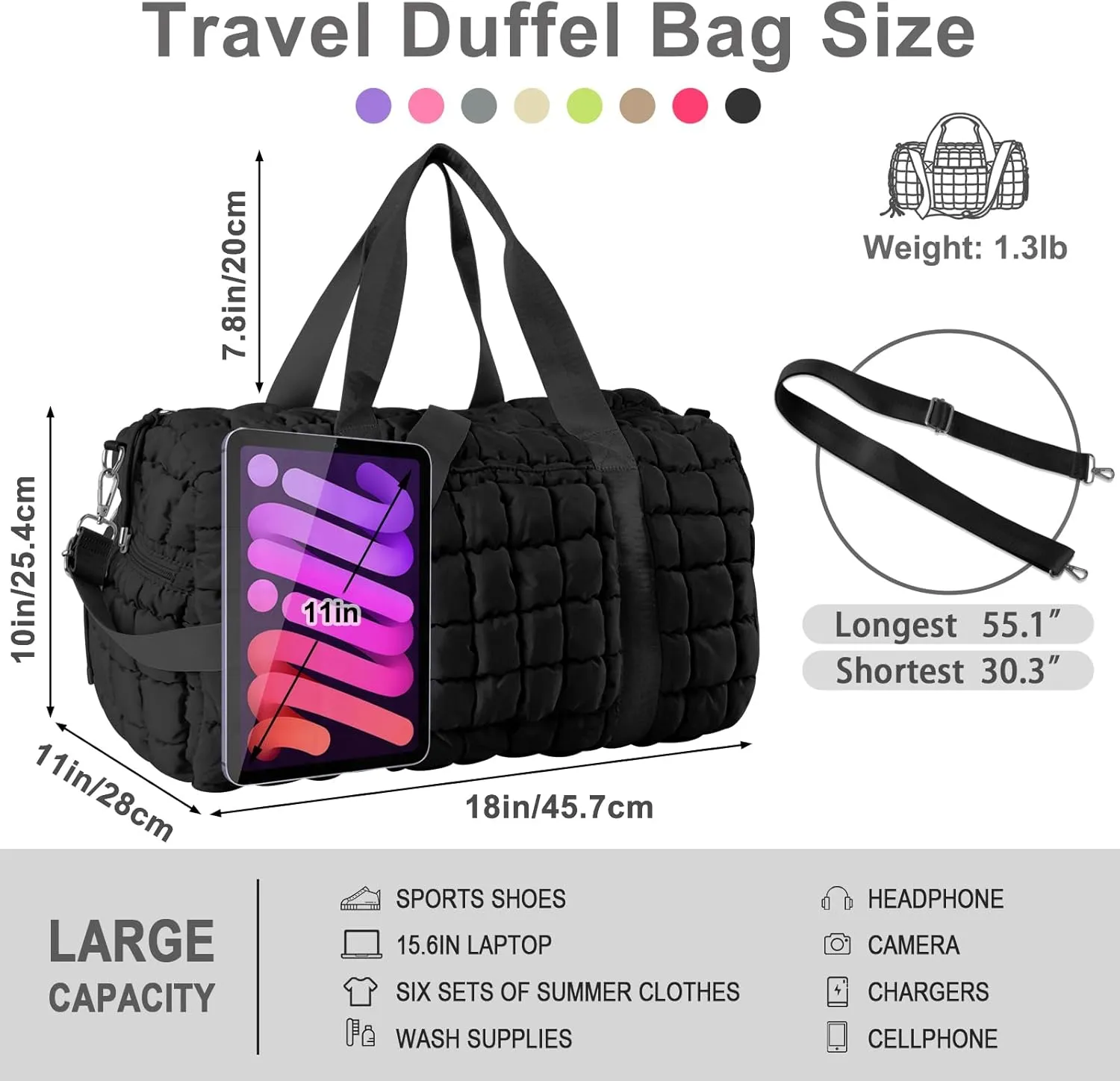 Quilted Gym Duffle for Women - Travel Bag with Shoes Compartment, Puffer Weekender Overnight Carry On Duffel with Trolley Sleeve for Airplanes - Personal Item Sports Dance Bag (Black)