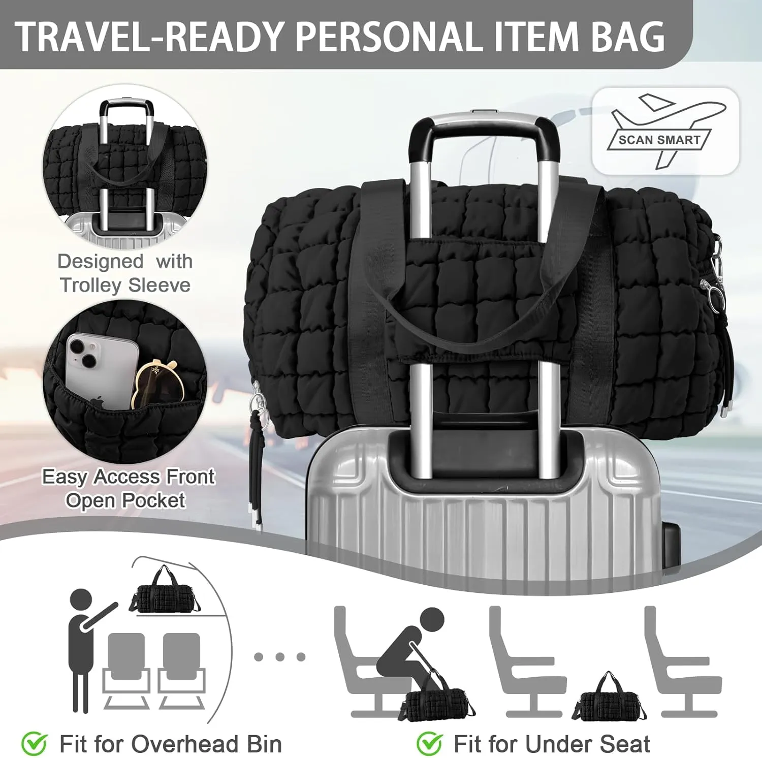 Quilted Gym Duffle for Women - Travel Bag with Shoes Compartment, Puffer Weekender Overnight Carry On Duffel with Trolley Sleeve for Airplanes - Personal Item Sports Dance Bag (Black)