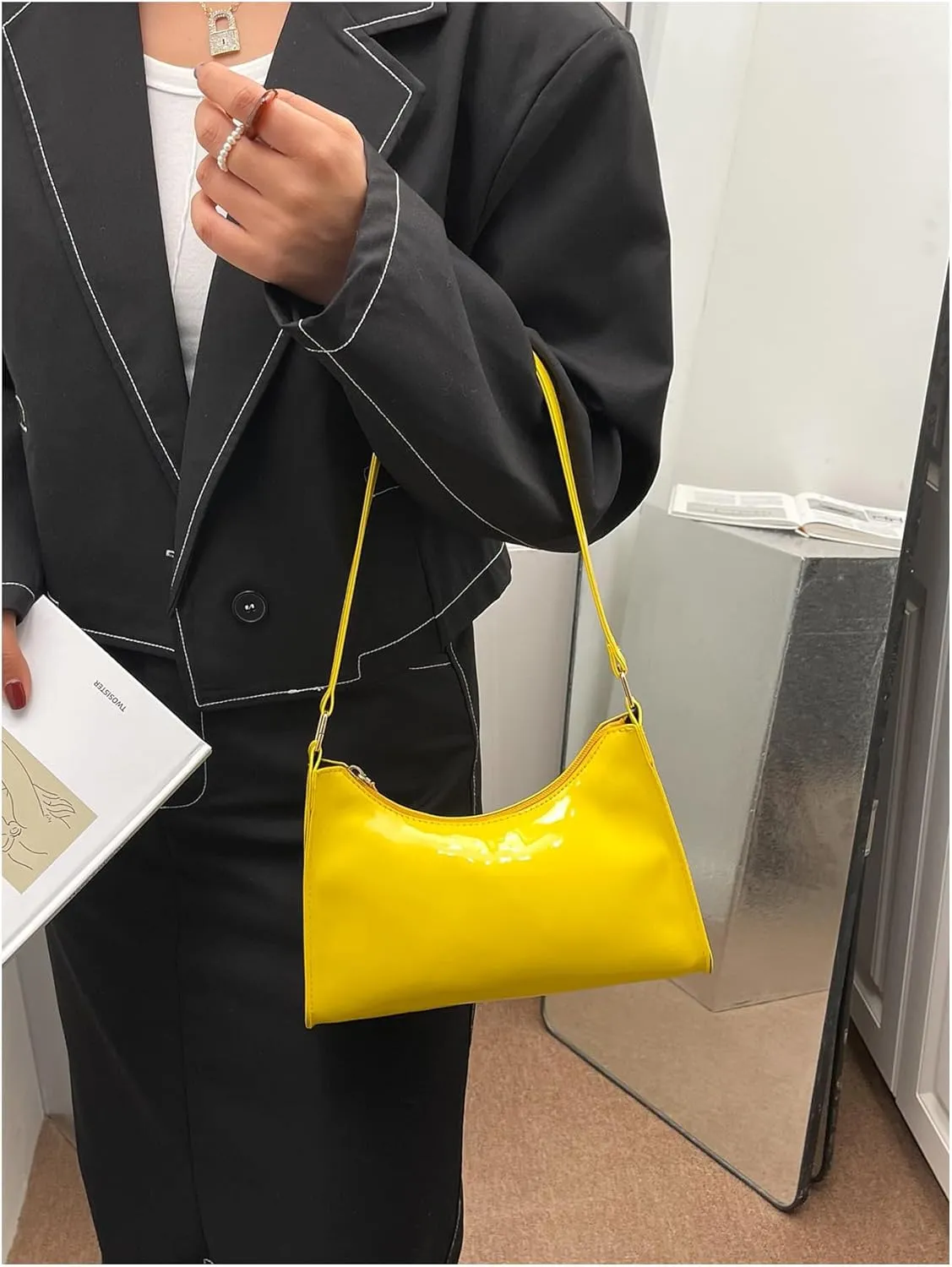 QWINEE Women's Artificial Patent Leather Tote - Square, Satchel, Ladies Shoulder Totes, Crossbody Bags