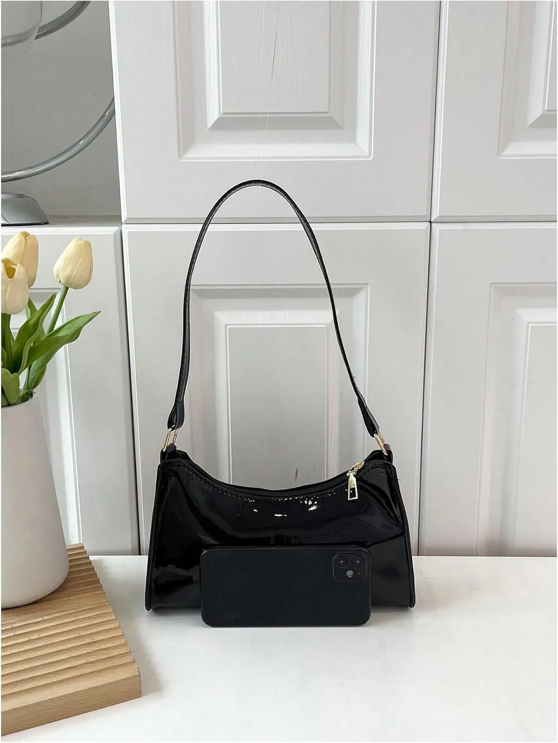 QWINEE Women's Artificial Patent Leather Tote - Square, Satchel, Ladies Shoulder Totes, Crossbody Bags