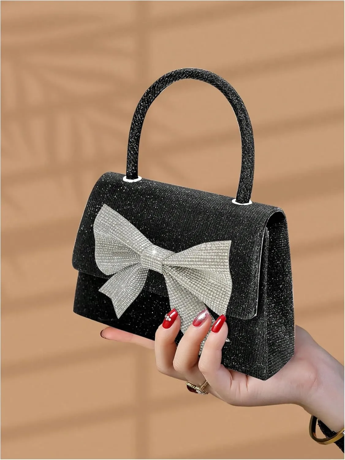 QWINEE Women's Sparkly Bow Clutch Purse Top Handle Chain Strap Flap Square Handbag Glitter Elegant Evening Bag