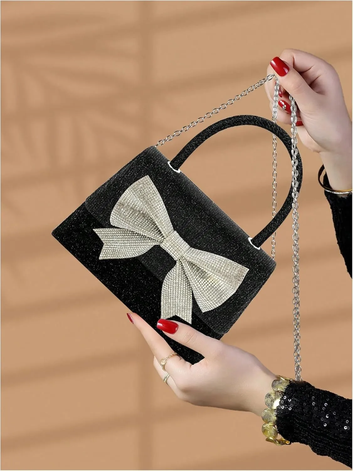 QWINEE Women's Sparkly Bow Clutch Purse Top Handle Chain Strap Flap Square Handbag Glitter Elegant Evening Bag
