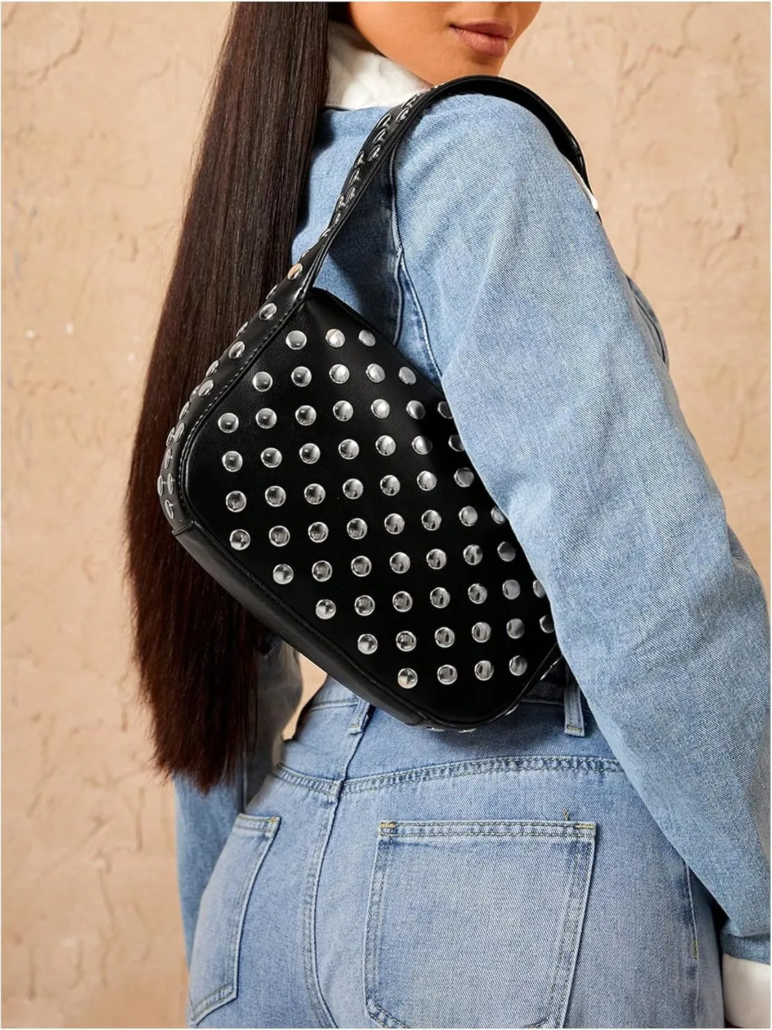 QWINEE Women's Y2k Leather Shoulder Bag Studded Top Handle Trendy Commute Zipper Handbags