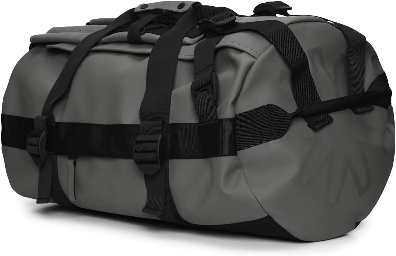 RAINS Texel Duffel Bag - Waterproof Grey Large Travel Bag with U-Shaped Zip Closure, Compression Straps, Mesh Pockets, and Padded Carry Handles - 2 Year Warranty