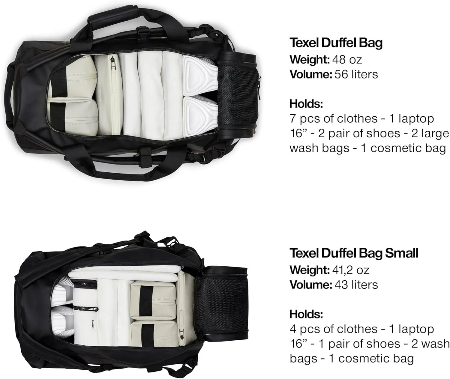 RAINS Texel Duffel Bag - Waterproof Grey Large Travel Bag with U-Shaped Zip Closure, Compression Straps, Mesh Pockets, and Padded Carry Handles - 2 Year Warranty