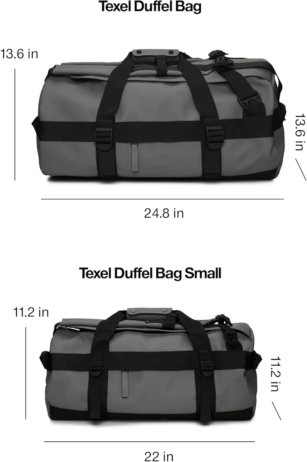 RAINS Texel Duffel Bag - Waterproof Grey Large Travel Bag with U-Shaped Zip Closure, Compression Straps, Mesh Pockets, and Padded Carry Handles - 2 Year Warranty