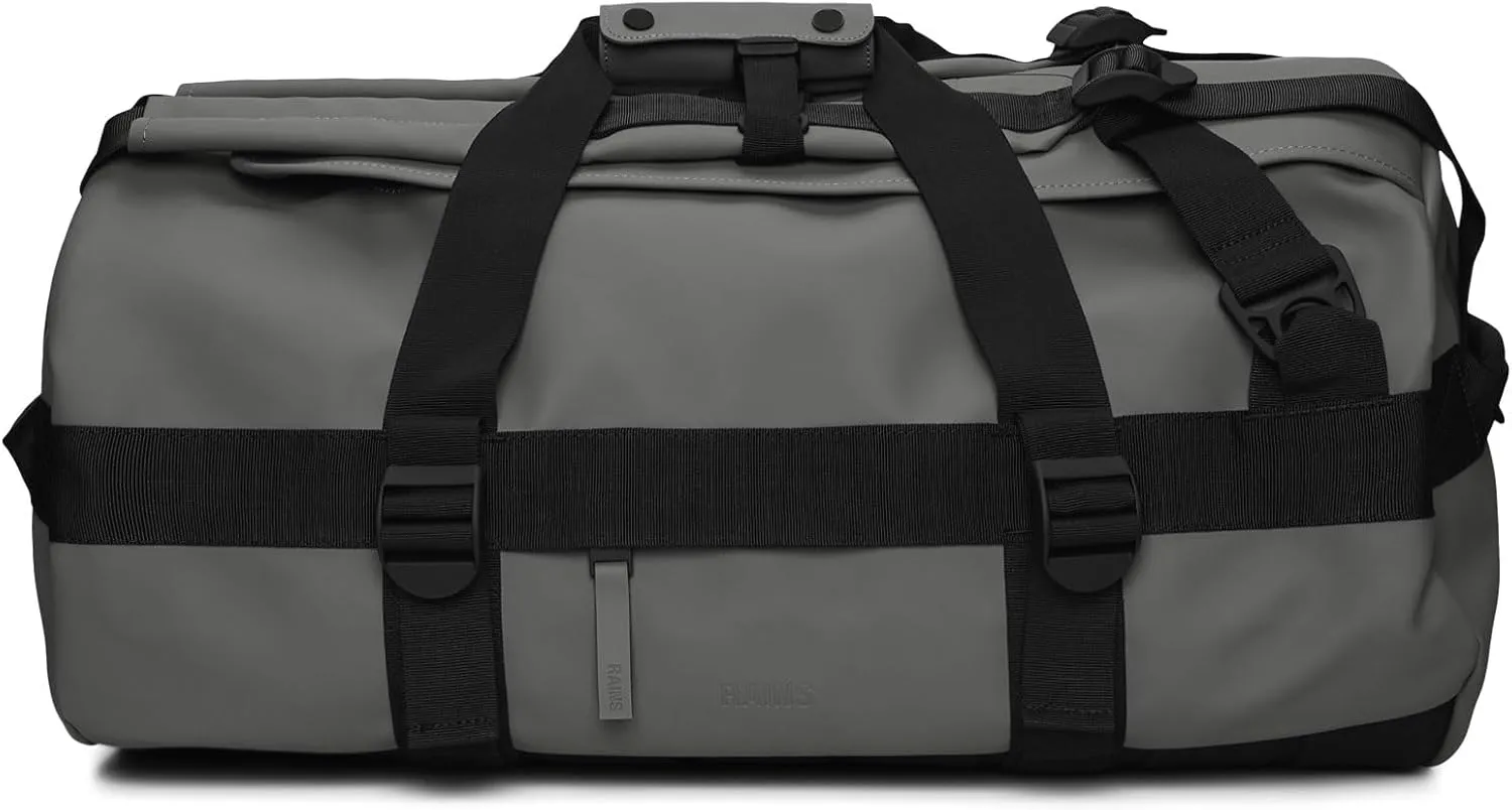 RAINS Texel Duffel Bag - Waterproof Grey Large Travel Bag with U-Shaped Zip Closure, Compression Straps, Mesh Pockets, and Padded Carry Handles - 2 Year Warranty