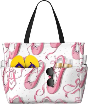 Red Ballet Shoes Beach Tote Bags For Women Travel Totes Bag Handbag With Zipper And Pockets For Travel Vacation