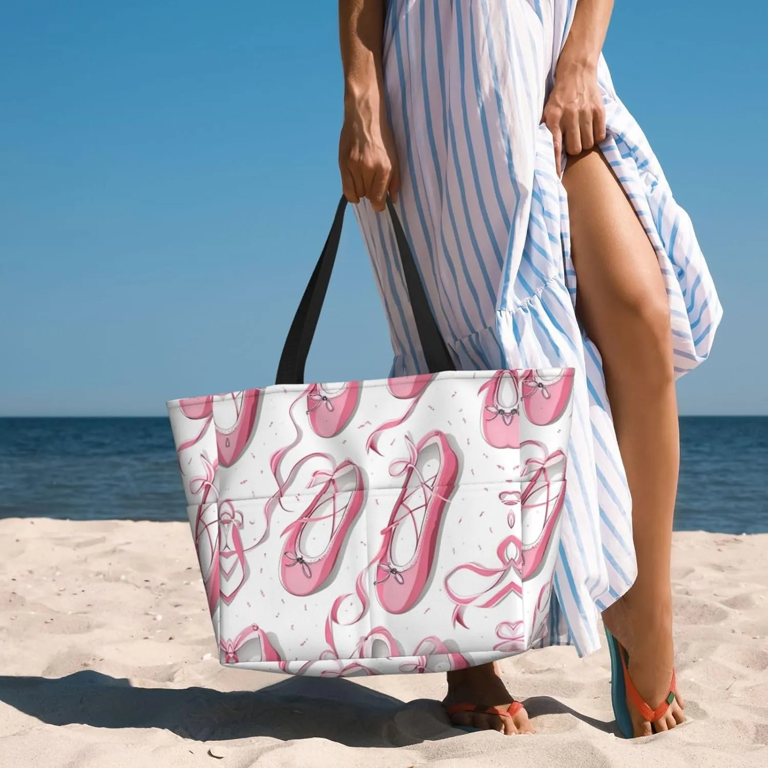 Red Ballet Shoes Beach Tote Bags For Women Travel Totes Bag Handbag With Zipper And Pockets For Travel Vacation