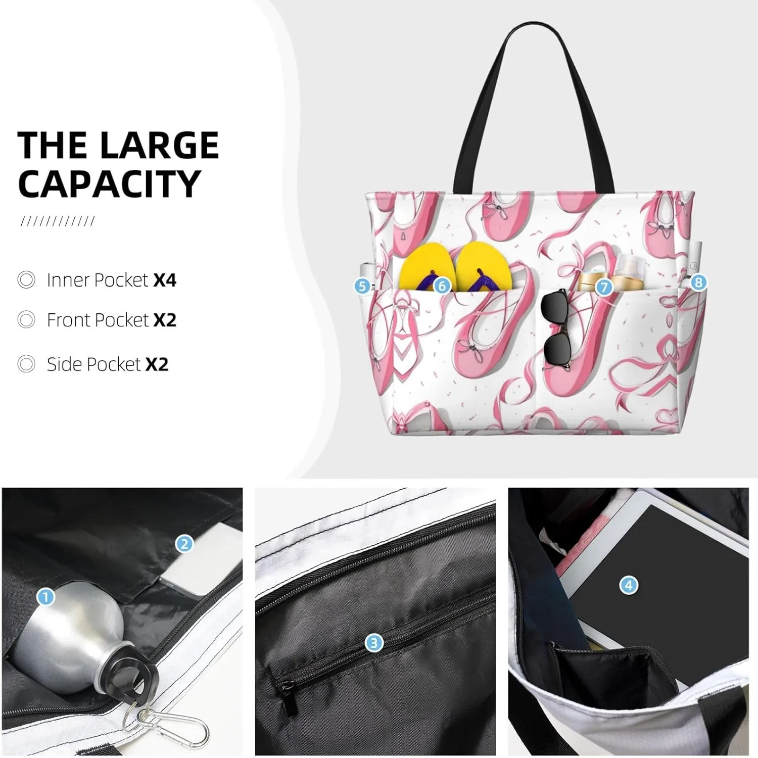 Red Ballet Shoes Beach Tote Bags For Women Travel Totes Bag Handbag With Zipper And Pockets For Travel Vacation