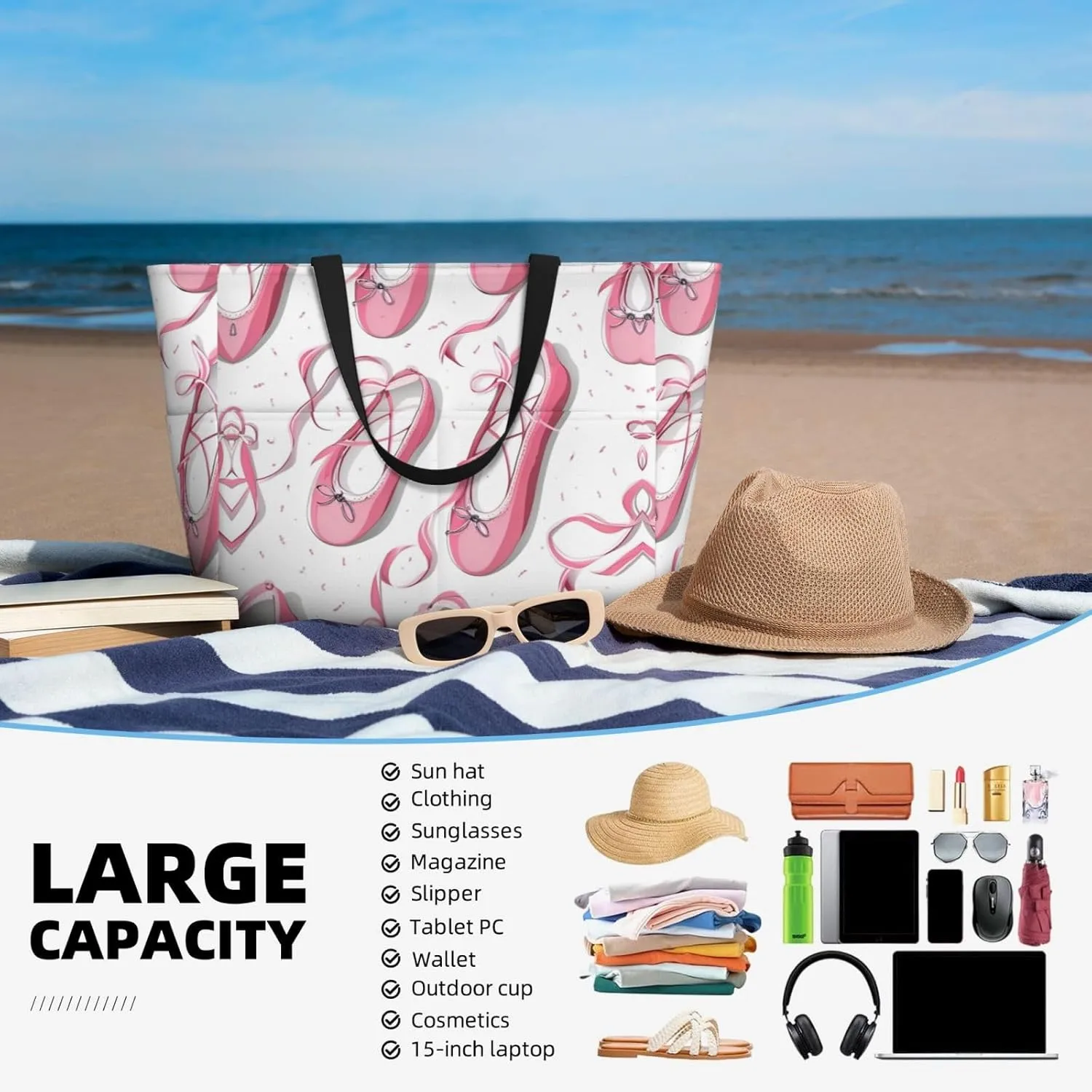Red Ballet Shoes Beach Tote Bags For Women Travel Totes Bag Handbag With Zipper And Pockets For Travel Vacation
