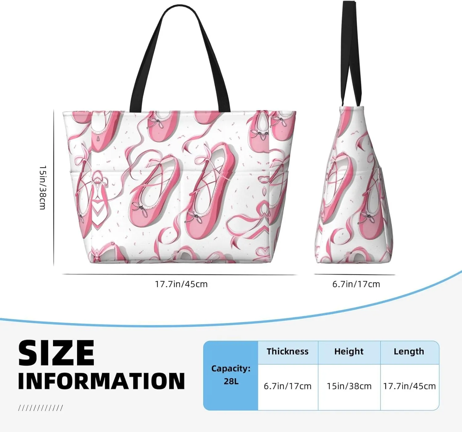 Red Ballet Shoes Beach Tote Bags For Women Travel Totes Bag Handbag With Zipper And Pockets For Travel Vacation
