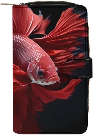 Red Betta Siamese Fighting Fish Womens Long Wallets Leather Large Capacity Wristlet Clutch Purse Credit Card Holder