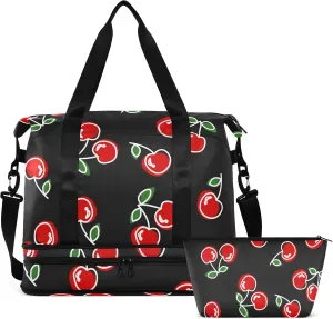 Red Cherries Travel Duffel Bag for Women Men Gym Bag with Shoe Compartment Wet Pocket Carry On Weekender Overnight Bags for Travel Hospital Gym