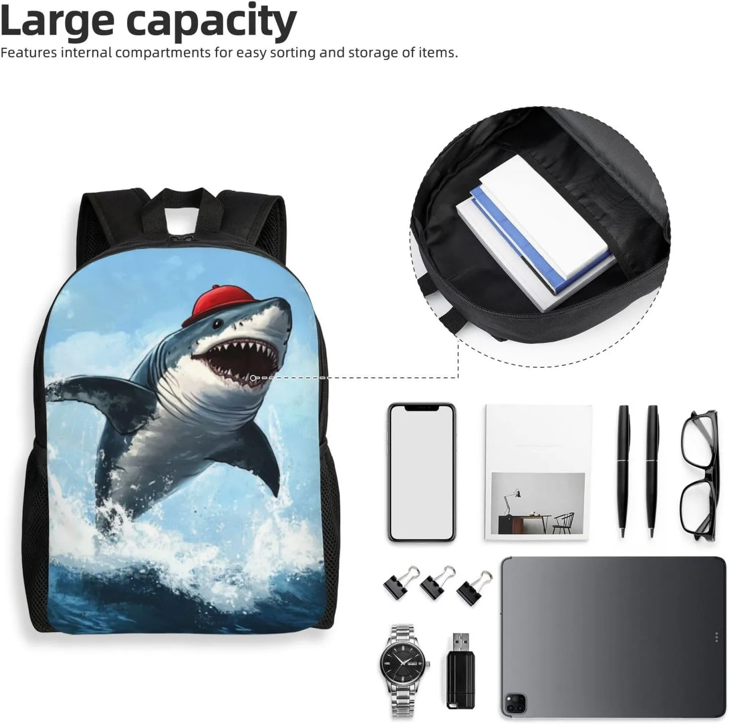 Red Hat Shark Backpack Waterproof Anti Theft Durable Light Laptop Bag Backpacks For Women Men Travel Gym Backpack