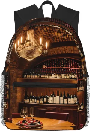 Red Wine Cellar picture Print Adults Casual Travel Zipper Bookbag Polyester Travel Daypack Bag Multiple Pockets