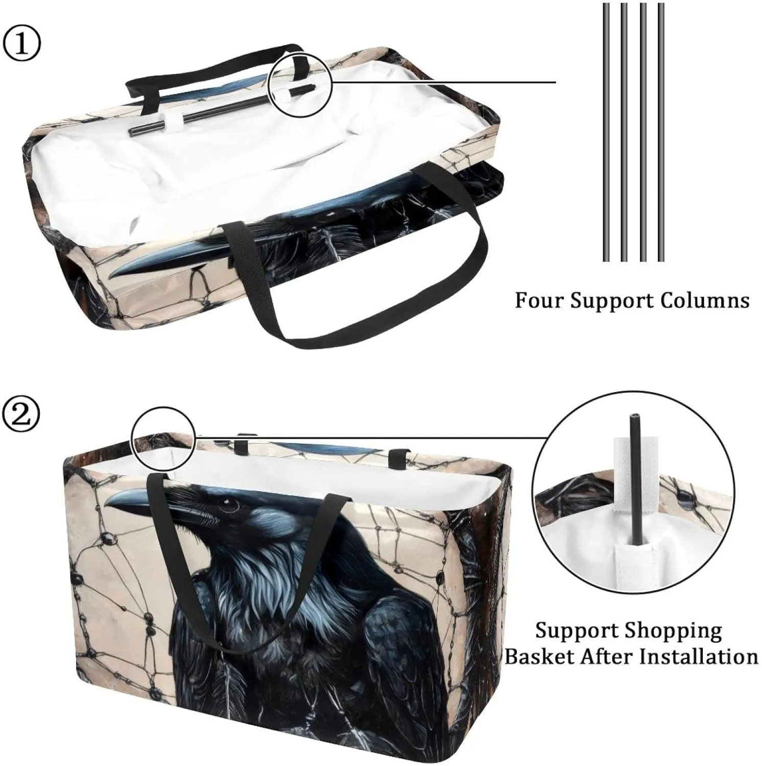 Reusable Grocery Bags Boxes Storage Basket, Flaming Running Horse Collapsible Utility Tote Bags with Long Handle