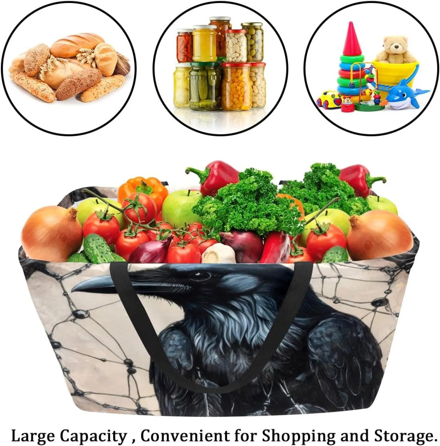 Reusable Grocery Bags Boxes Storage Basket, Flaming Running Horse Collapsible Utility Tote Bags with Long Handle