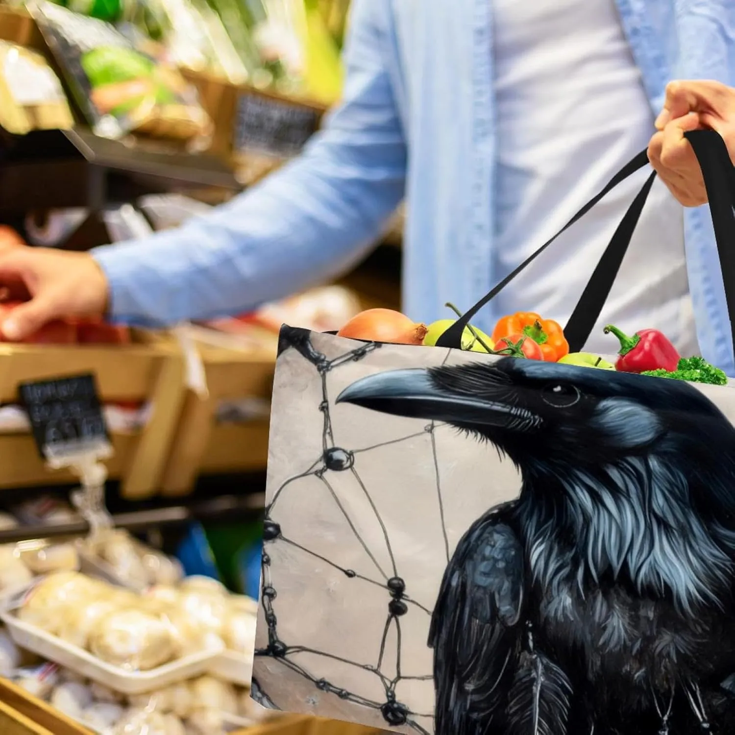 Reusable Grocery Bags Boxes Storage Basket, Flaming Running Horse Collapsible Utility Tote Bags with Long Handle