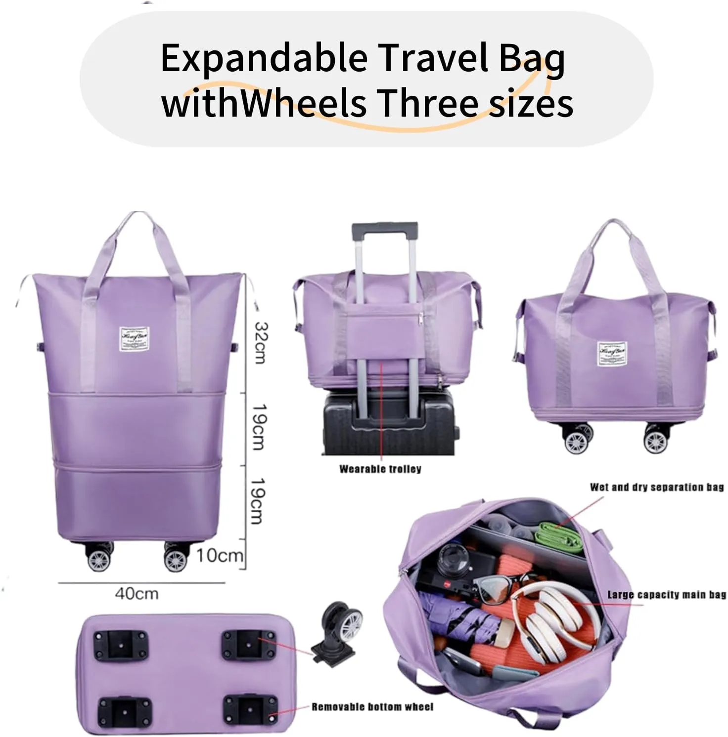 Rolling Duffel Bags with Wheels, Foldable Duffle Bag for Travel, Expandable Luggage Bag, Large Travel Duffle Bag with Detachable Wheels, Waterproof Weekend Bag for Outdoor Gym Travel (Purple)