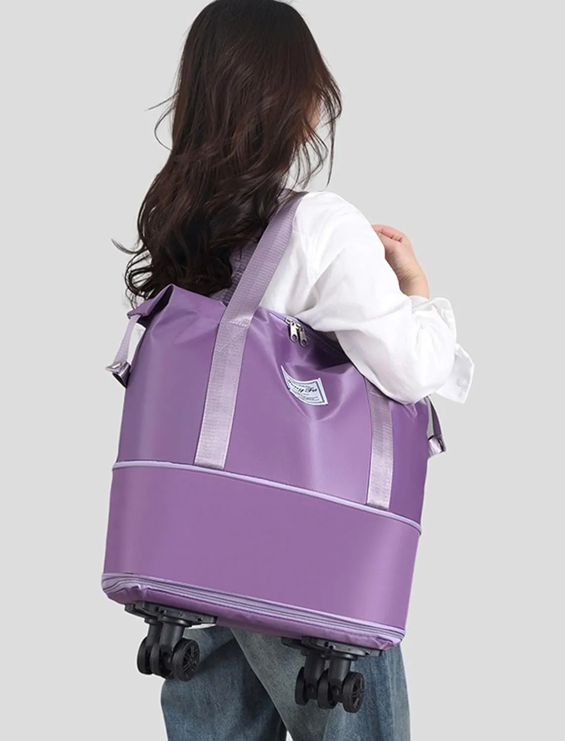 Rolling Duffel Bags with Wheels, Foldable Duffle Bag for Travel, Expandable Luggage Bag, Large Travel Duffle Bag with Detachable Wheels, Waterproof Weekend Bag for Outdoor Gym Travel (Purple)