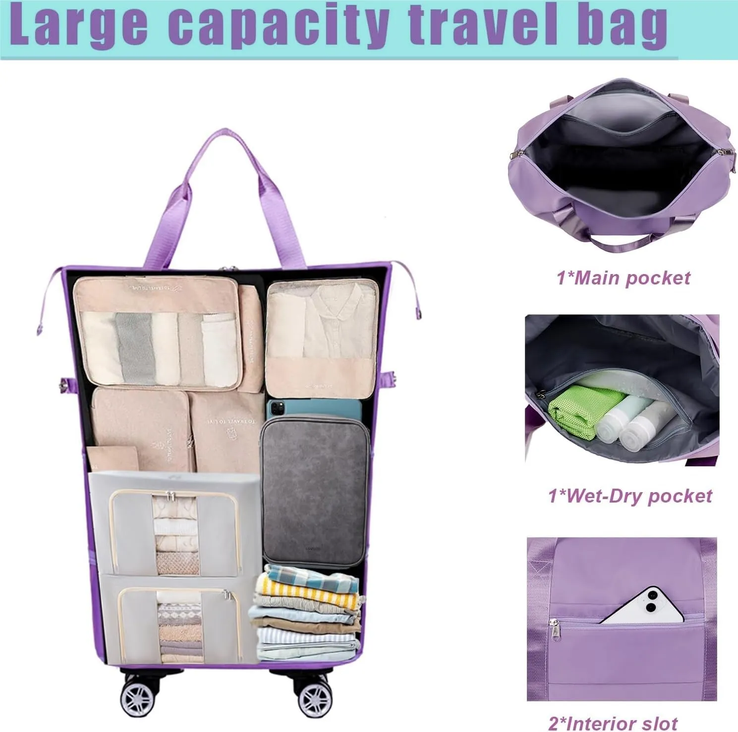 Rolling Duffel Bags with Wheels, Foldable Duffle Bag for Travel, Expandable Luggage Bag, Large Travel Duffle Bag with Detachable Wheels, Waterproof Weekend Bag for Outdoor Gym Travel (Purple)