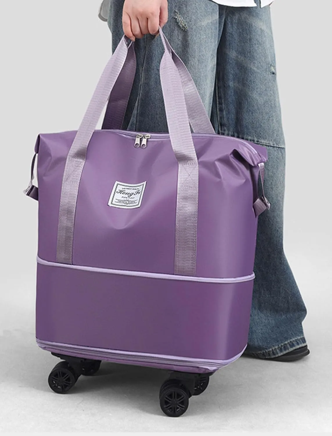 Rolling Duffel Bags with Wheels, Foldable Duffle Bag for Travel, Expandable Luggage Bag, Large Travel Duffle Bag with Detachable Wheels, Waterproof Weekend Bag for Outdoor Gym Travel (Purple)