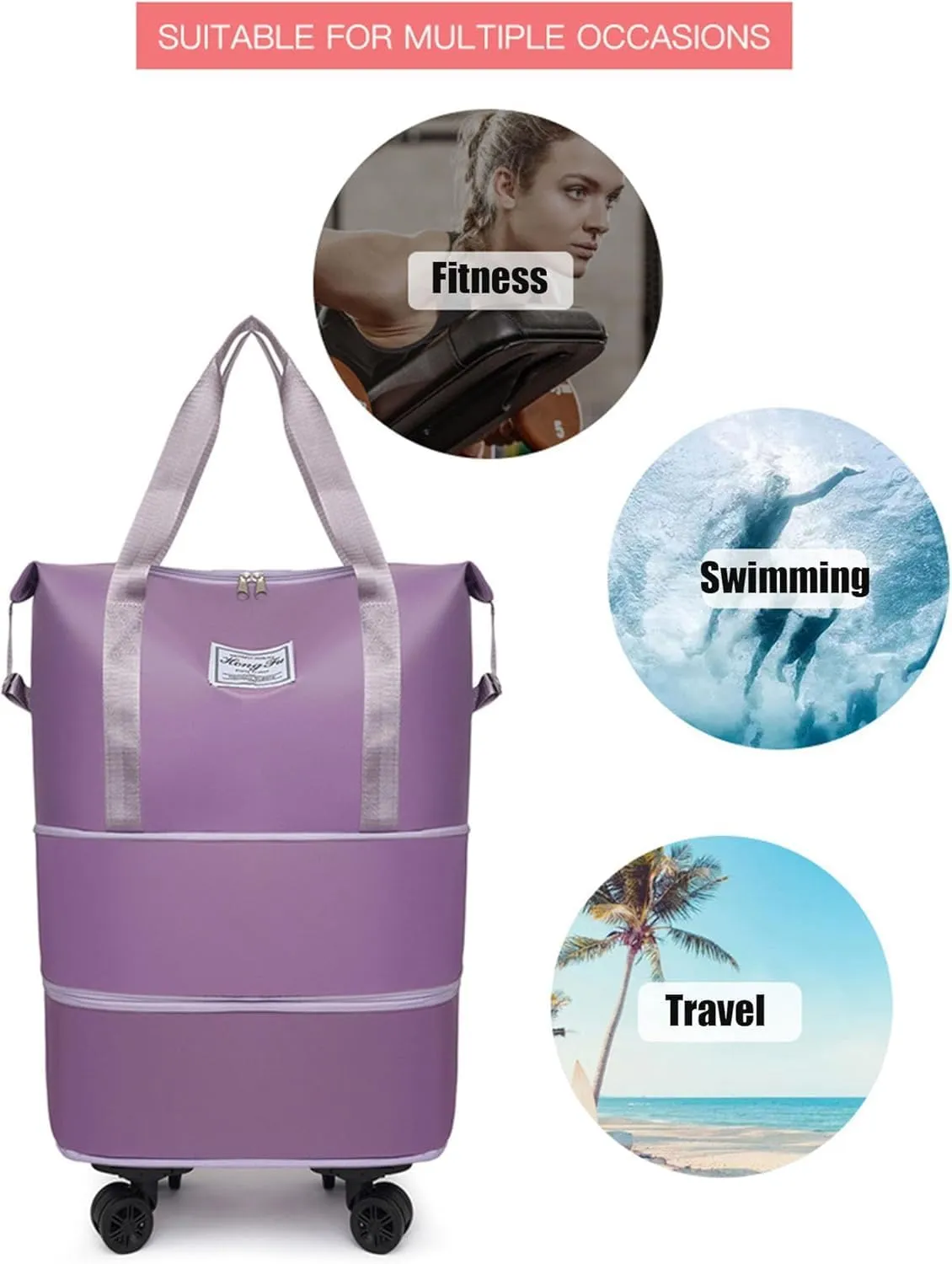 Rolling Duffel Bags with Wheels, Foldable Duffle Bag for Travel, Expandable Luggage Bag, Large Travel Duffle Bag with Detachable Wheels, Waterproof Weekend Bag for Outdoor Gym Travel (Purple)