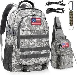 School Backpack for Boys - 3pcs Camo Boys Backpack with Sling Backpack Set for Kids Teens Elementary Middle School - 18″ Camouflage Bookbag with Usb Charging Port