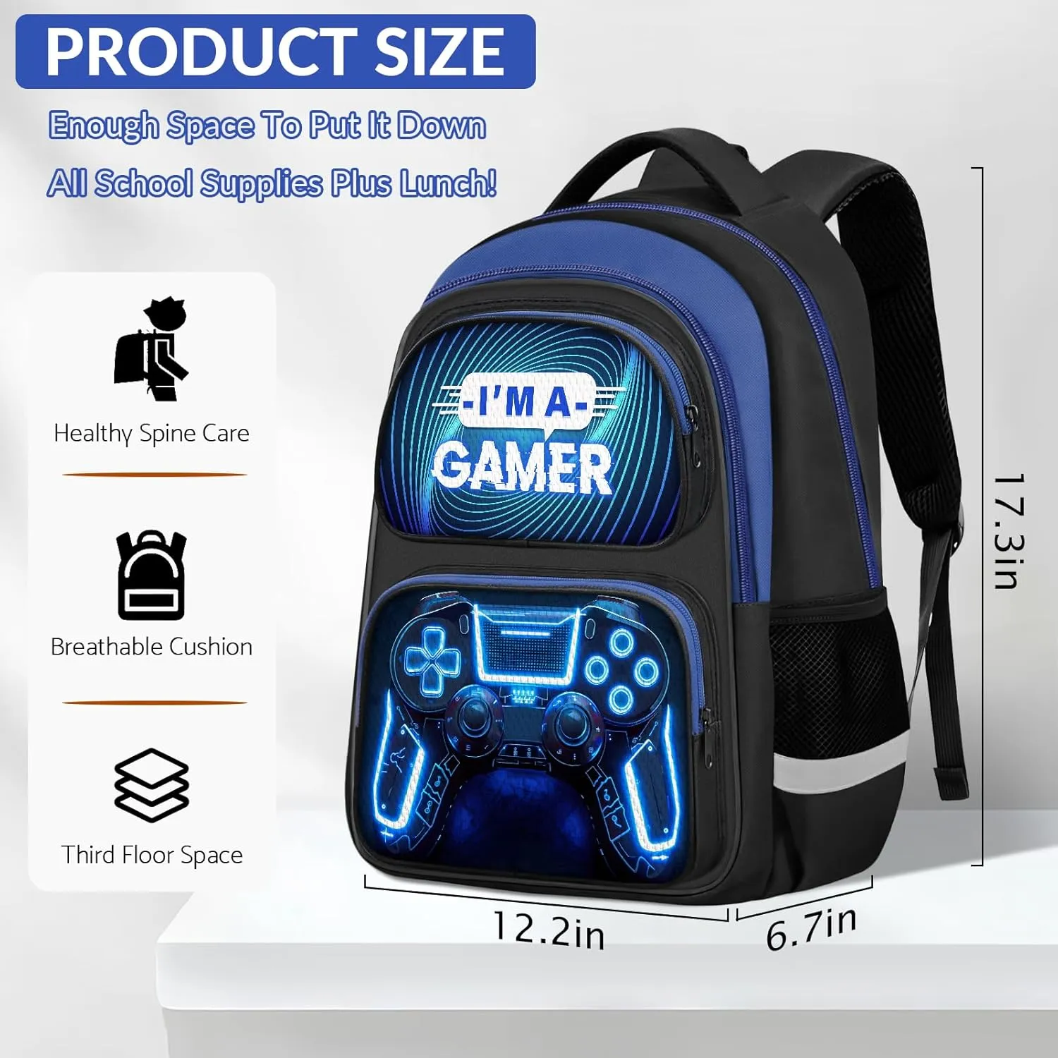 School Backpack for Boys - Gamer Boys Backpack for Kids Children Teens Elementary Middle School - 17″ Video Game Bookbag Travel Back Pack for Age 6-18