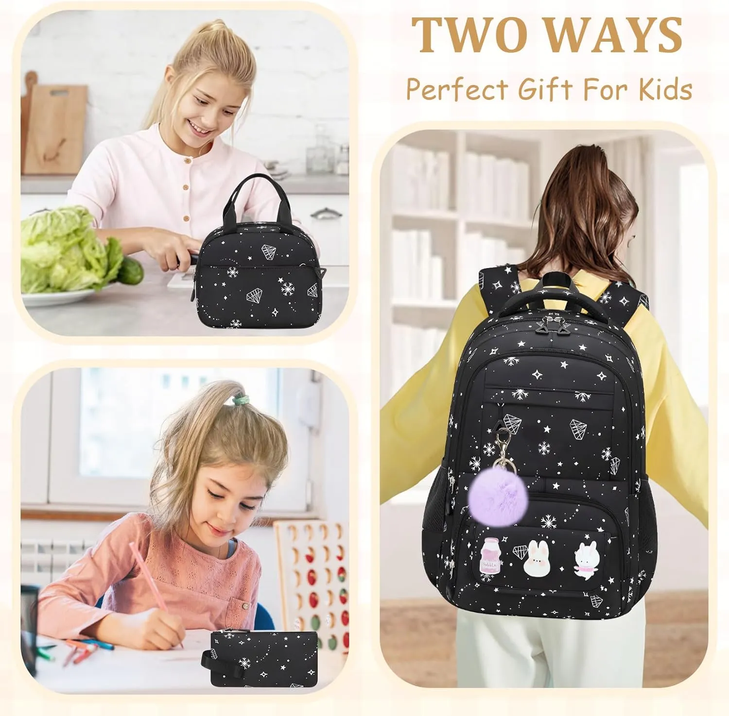 School Backpack for Girls - 5PCS Girls Backpack with Lunch Box Set for Elementary, Middle and High School Students - Lightweight 18" Bookbag for Travel and Daily Use
