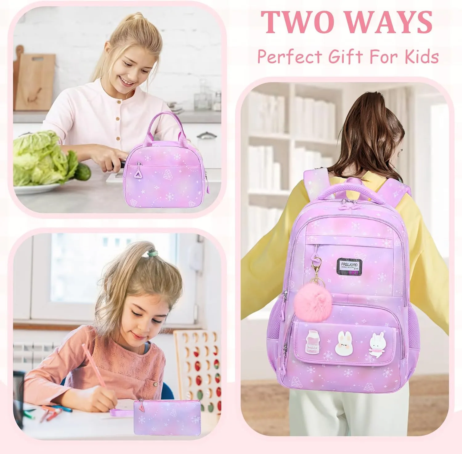 School Backpack for Girls - 5PCS Girls Backpack with Lunch Box Set for Elementary, Middle and High School Students - Lightweight 18" Bookbag for Travel and Daily Use
