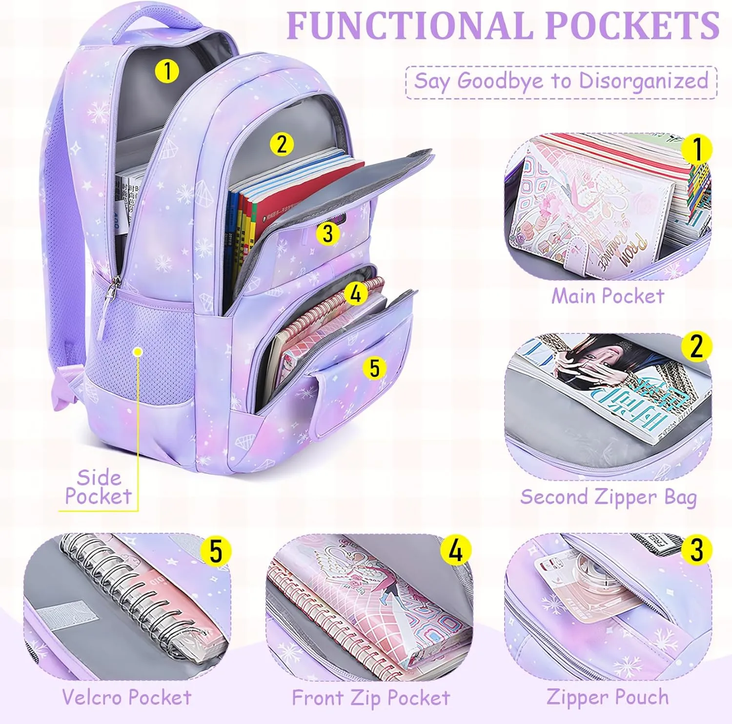 School Backpack for Girls - 5PCS Girls Backpack with Lunch Box Set for Elementary, Middle and High School Students - Lightweight 18" Bookbag for Travel and Daily Use